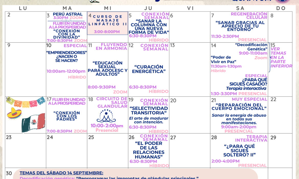 Calendario de clases, talleres y cursos de Septiembre