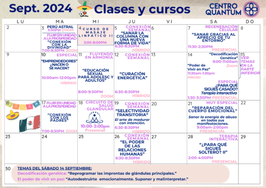 Calendario de clases, talleres y cursos de Septiembre